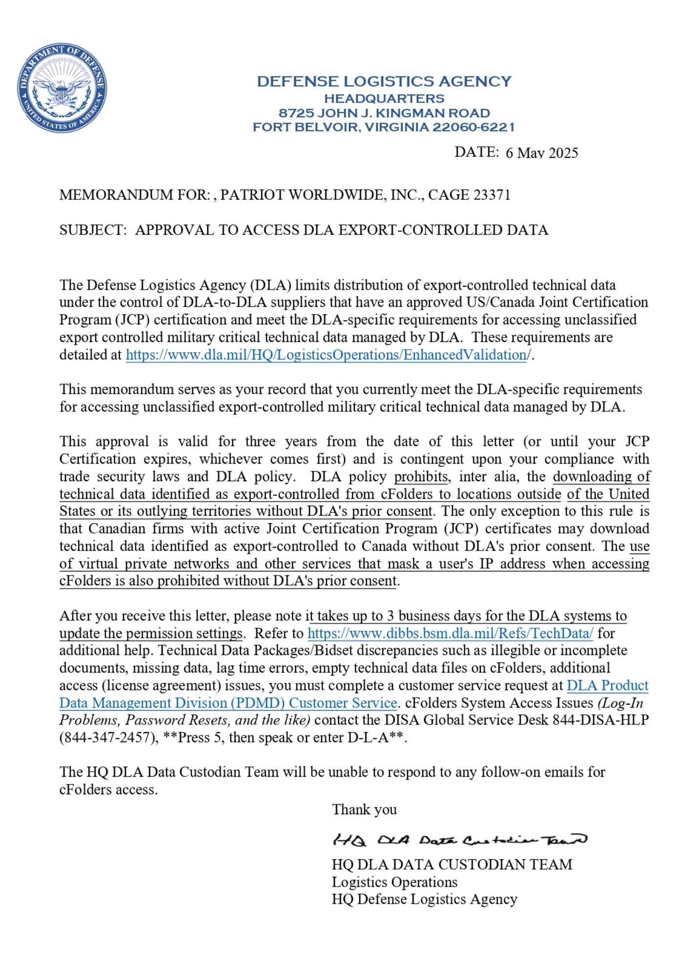 DLA Approval Letter