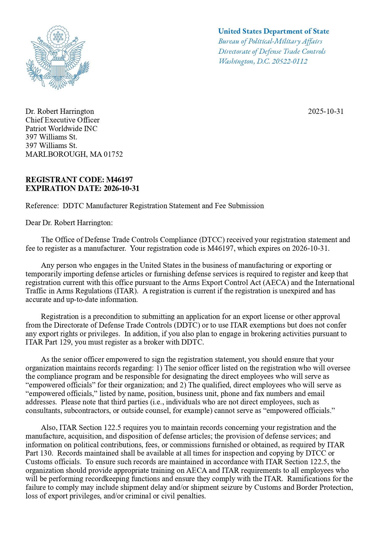 itar letter